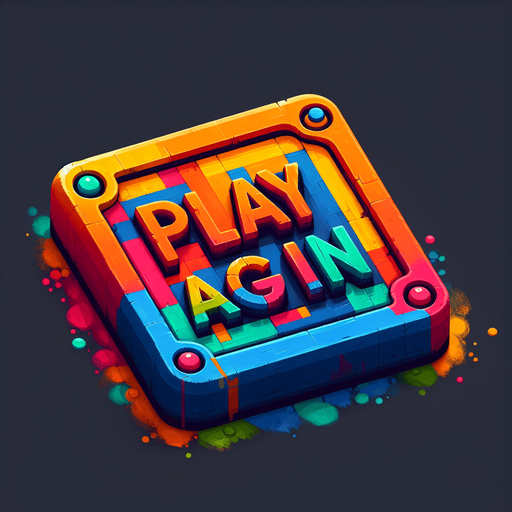 A colorful rectangular button with the text "Play Again" with each letter in a different color picked from a nice palette..
Single Game Texture. In-Game asset. 2d. Blank background. High contrast. No shadows.