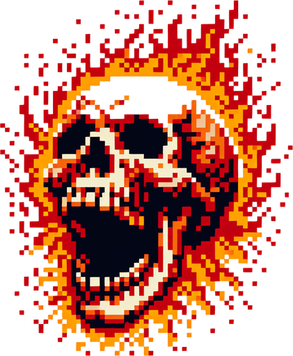 Screaming skull on fire.
In-Game asset. 2d. Blank background. No Shadows. 8-bit art.
