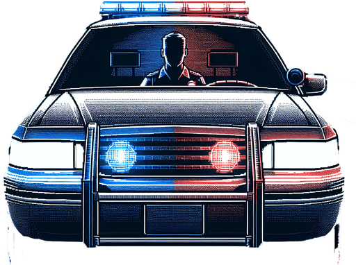 front of a police car with a silouhete of a driver.
video game style