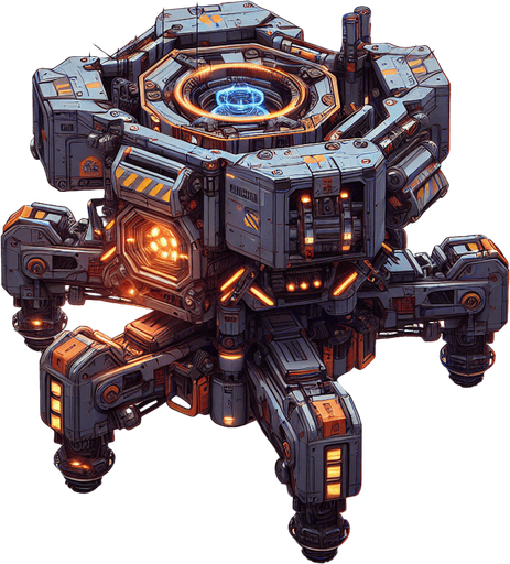A rugged autonomous mining unit with:

Core: Rotating hexagonal chassis with visible piston-driven gears

Propulsion: Four anti-gravity thrusters glowing orange (Tier 1) → plasma-blue (Tier 3)

Tools: Dual-mounted laser drills + magnetic ore claws

Armor: Scratched titanium plating with hazard stripes

Interface: Holographic mineral scanner (projects blue grid lines)

Unique Feature: Emergency repair arms that spark when damaged.
Single Game Texture.  In-Game asset.  2d.  Blank background.  High contrast.  No shadows