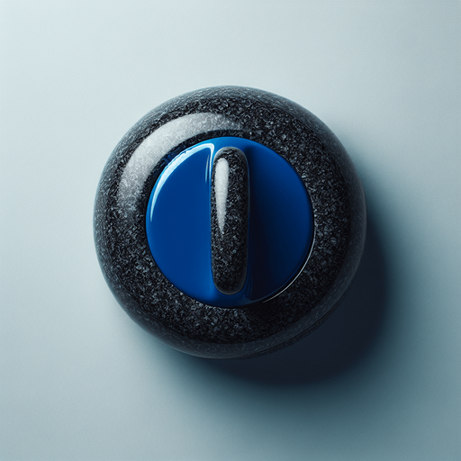 Curling stone, black stone and blue top, top view..