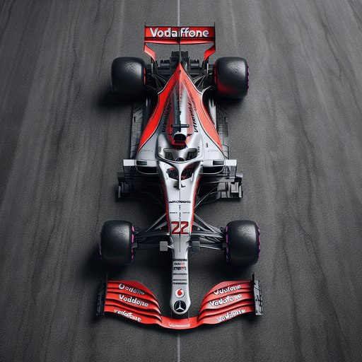 F1 mclaren mercedes race car. red wings white vodafone Top view..