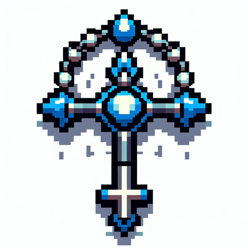 pixel art gothic rosary with blue trims.
Single Game Texture. In-Game asset. 2d. Blank background. High contrast. No shadows.