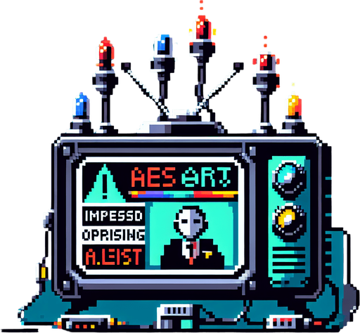Design a pixel art scene for a game item: a TV broadcasting a news alert about an imminent AI uprising. Include flashing warning signs and depict the newscaster in a state of high alert to convey urgency and tension, ensuring all elements are styled to fit within a pixelated game environment.. pixelated. 8 bit..
Single Game Texture. In-Game asset. 2d. Blank background. High contrast. No shadows.