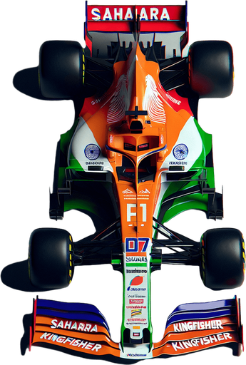 F1 Force-India race car. India flag on body. SAHARA  and KINGFISHER Sponsors
 Top view..
Single Game Texture. In-Game asset. 2d. Blank background. High contrast. No shadows.