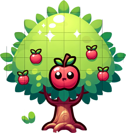 Cartoon style cute apple tree with small branches.
Single Game Texture. In-Game asset. 2d. Blank background. High contrast. No shadows.