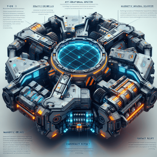 A rugged autonomous mining unit with:

Core: Rotating hexagonal chassis with visible piston-driven gears

Propulsion: Four anti-gravity thrusters glowing orange (Tier 1) → plasma-blue (Tier 3)

Tools: Dual-mounted laser drills + magnetic ore claws

Armor: Scratched titanium plating with hazard stripes

Interface: Holographic mineral scanner (projects blue grid lines)

Unique Feature: Emergency repair arms that spark when damaged.
Single Game Texture.  In-Game asset.  2d.  Blank background.  High contrast.  No shadows