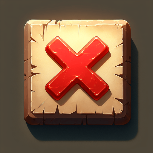 Big red X, written in wax, square button on Parchment
Single Game Texture.  In-Game asset.  2d.  Blank background.  High contrast.  No shadows