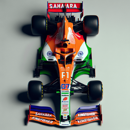 F1 Force-India race car. India flag on body. SAHARA  and KINGFISHER Sponsors
 Top view..
Single Game Texture. In-Game asset. 2d. Blank background. High contrast. No shadows.