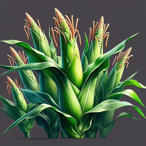 A young, unripe corn plant..
Single Game Texture. In-Game asset. 2d. Blank background. High contrast. No shadows.