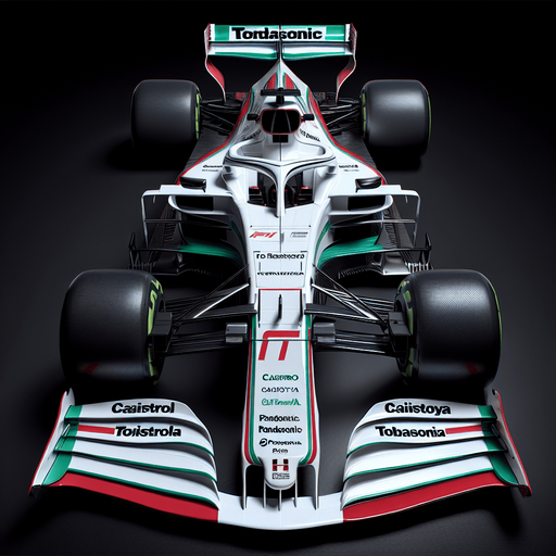F1 race car. Top view. 
Shiny white body with shiny red stripes on body. 
Thin LIGHT green stripes.
Sponsor is green "Caistrol" & red "TOTOYA" & blue "PANDASONIC"..
Single Game Texture. In-Game asset. 2d. Blank background. High contrast. No shadows.