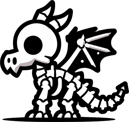 Скелет дракона. Мультяшный.
Single Game Texture.  In-Game asset.  2d.  Blank background.  High contrast.  No shadows