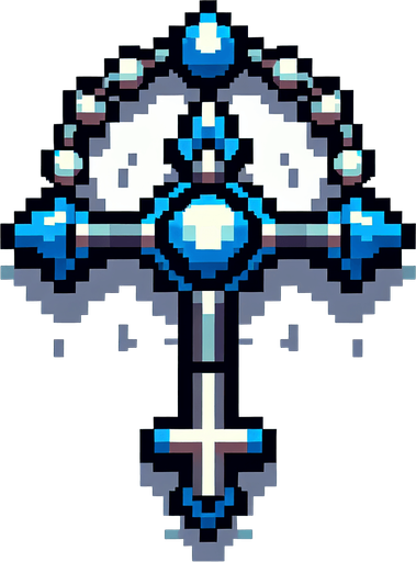 pixel art gothic rosary with blue trims.
Single Game Texture. In-Game asset. 2d. Blank background. High contrast. No shadows.