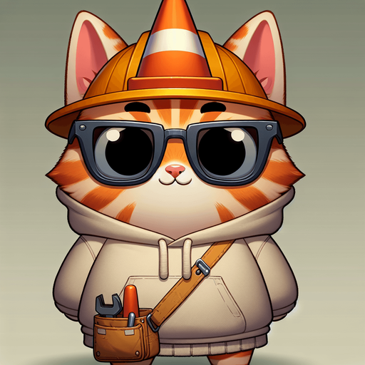 The character in the image is a cartoon-style, orange tabby cat with distinctive stripes. It sports a round face behind oversized, round circular, dark opaque sunglasses and has a notably small body compared to its head, enhancing its cute, chubby look. This cat is uniquely attired in a simple, light-colored hoodie with a drawstring, and atop its head sits a whimsical traffic cone, repurposed as a hat. Around its waist, a toolbelt is visible, equipped with various cartoon tools, suggesting a readiness for any construction task. Positioned with its paws in front, the cat maintains a relaxed posture, exuding a playful and whimsical vibe. This setup presents the cat not just as a casual mascot or a character in a children's book but as a creative introduction to the world of construction and imaginative play..
Single Game Texture. In-Game asset. 2d. Blank background. High contrast. No shadows.