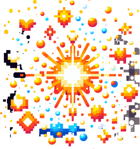 pixel art particles.
Single Game Texture. In-Game asset. 2d. Blank background. High contrast. No shadows.