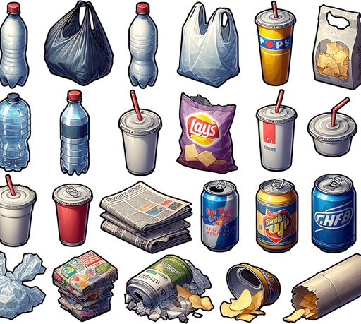 Big Sprite sheet of the most symbolic consumer waste: plastic bottle, plastic bag, can, newspaper sheet, empty hamburger wrapper, can, disposable cup with straw, opened bag of chips, opened can, and others....
game sprite sheet. blank background