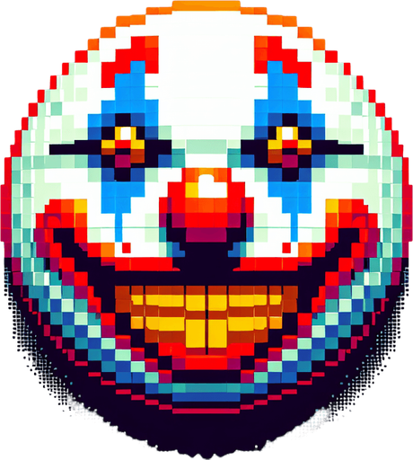 Grinning creepy ball shaped clown face.
Single Game Texture. In-Game asset. 2d. Blank background. High contrast. No shadows. 8 bit