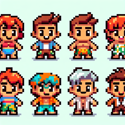 5 cartoon 8 bit beachy characters.
Single Game Texture. In-Game asset. 2d. Blank background. High contrast. No shadows.