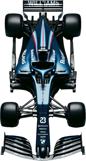 F1 BMW race car with "BMW Motorsport" livery, deep blue "Williams" rear wing, dark blue front wing. Top view..