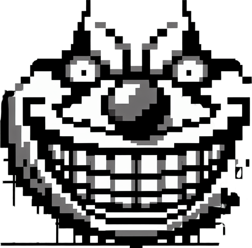 Grinning creepy ball shaped clown face.
Single Game Texture. In-Game asset. 2d. Blank background. High contrast. No shadows. 8 bit