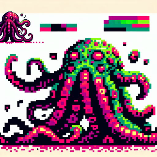 8 bit tentacle monster.
Single Game Texture. In-Game asset. 2d. Blank background. High contrast. No shadows.