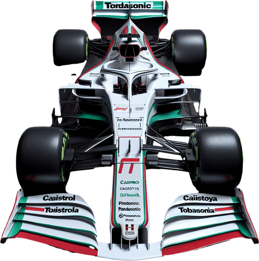 F1 race car. Top view. 
Shiny white body with shiny red stripes on body. 
Thin LIGHT green stripes.
Sponsor is green "Caistrol" & red "TOTOYA" & blue "PANDASONIC"..
Single Game Texture. In-Game asset. 2d. Blank background. High contrast. No shadows.