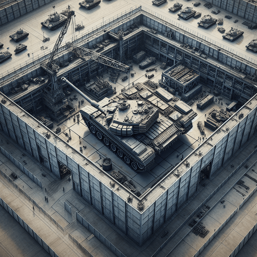 Simple heavy army tank factory buiding a tank with a crane. Square fence...
Zenith view Directly overhead. Plumb view.