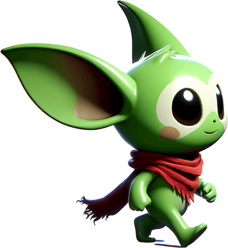Profile view of a mischievous little green grinch with a red scarf, big ears but no tail. Walking in the right direction. no background . no floor. In-Game asset. 2d. Blank background. High contrast. No shadows.