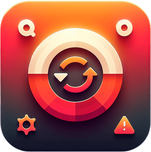 A square app store icon with rounded edges, designed for a Reboot Warning app. The icon features a circular arrow symbol in the center, paired with a small warning triangle to indicate urgency. The background is a gradient of red to orange, creating a sense of caution while keeping the design clean and modern..
Single Game Texture. In-Game asset. 2d. Blank background. High contrast. No shadows.