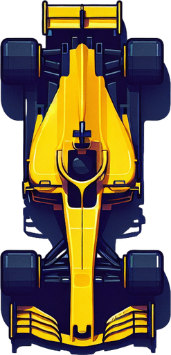 a yellow f1 race car top view.
Single Game Texture. In-Game asset. 2d. Blank background. High contrast. No shadows.