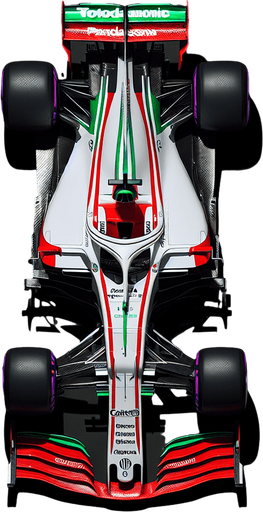 F1 race car. Top view. 
Shiny white body with shiny red stripes on body. 
Thin LIGHT green stripes.
Sponsor is green "Caistrol" & red "TOTOYA" & blue "PANDASONIC"..
Single Game Texture. In-Game asset. 2d. Blank background. High contrast. No shadows.
