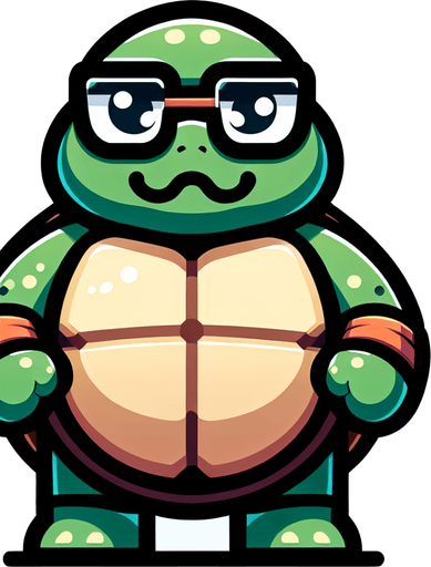 Make an fat man-turtle with glasses icon.
Single Game Texture. In-Game asset. 2d. Blank background. High contrast. No shadows.