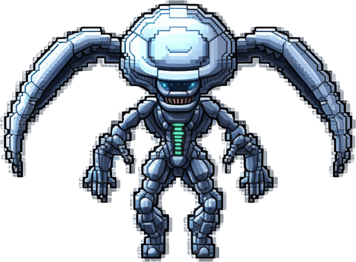 Alien enemy, adopted to space, flying down
Game Texture. In-Game asset. 2d. Pixelart. White background. Blank background. Low detail. High contrast.