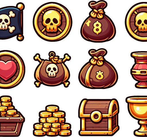 sprite sheet for slot machine symbols featuring highly polished icons, for a cute casual 2d flat design illustraton vector style for a cute pirate themed game featuring a doublon, a duffle bag, a chest, a treasure, a pile of treasure, a pile of gold, a pirate flag, a chalice and other pirate like icons, each distinct from each other. blender 3D quality.
Single Game Texture. In-Game asset. 2d. Blank background. High contrast. No shadows.