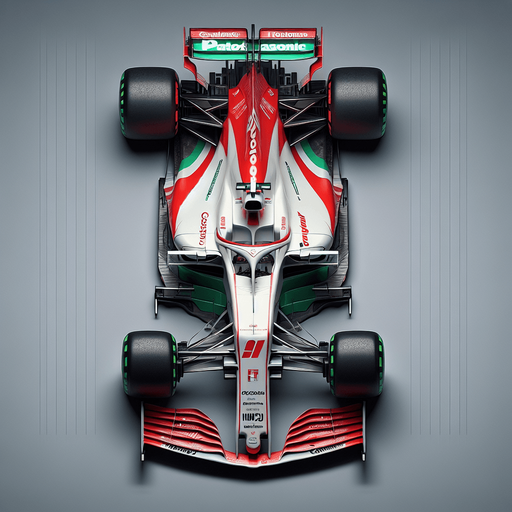 F1 race car. Top view. 
Shiny white body with shiny red stripes on body. 
Thin LIGHT green stripes.
Sponsor is green "Caistrol" & red "TOTOYA" & blue "PANDASONIC"..
Single Game Texture. In-Game asset. 2d. Blank background. High contrast. No shadows.