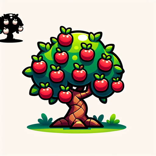 Cartoon style cute apple tree with small branches.
Single Game Texture. In-Game asset. 2d. Blank background. High contrast. No shadows.