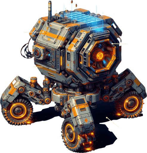 A rugged autonomous mining unit with:

Core: Rotating hexagonal chassis with visible piston-driven gears

Propulsion: Four anti-gravity thrusters glowing orange (Tier 1) → plasma-blue (Tier 3)

Tools: Dual-mounted laser drills + magnetic ore claws

Armor: Scratched titanium plating with hazard stripes

Interface: Holographic mineral scanner (projects blue grid lines)

Unique Feature: Emergency repair arms that spark when damaged.
Single Game Texture.  In-Game asset.  2d.  Blank background.  High contrast.  No shadows