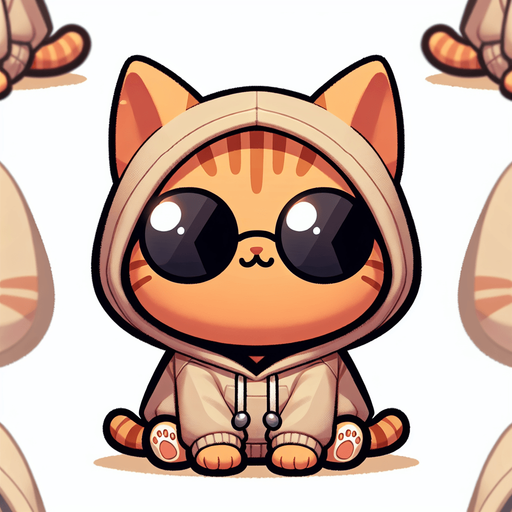 The character in the image is a cartoon-style, orange tabby cat with noticeable stripes. It has a round face, wearing a pair of oversized, round, dark opaque sunglasses. The cat's body is smaller in comparison to its head, giving it a cute, chubby appearance. It's wearing a simple, light-colored hoodie with a drawstring. The cat sits with its paws visible in front, showing a relaxed posture. The overall style is playful and whimsical, perfect for a casual mascot or a character in a children's book..
Single Game Texture. In-Game asset. 2d. Blank background. High contrast. No shadows.