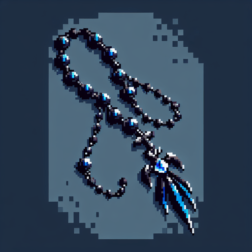 pixel art gothic rosary with blue trims.
Single Game Texture. In-Game asset. 2d. Blank background. High contrast. No shadows.