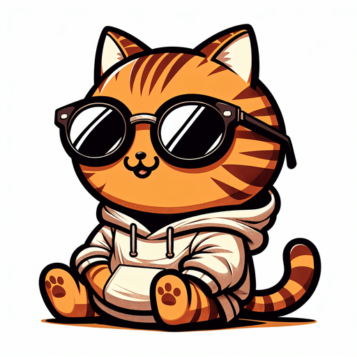 The character in the image is a cartoon-style, orange tabby cat with noticeable stripes. It has a round face, wearing a pair of oversized, round, dark opaque sunglasses. The cat's body is smaller in comparison to its head, giving it a cute, chubby appearance. It's wearing a simple, light-colored hoodie with a drawstring. The cat sits with its paws visible in front, showing a relaxed posture. The overall style is playful and whimsical, perfect for a casual mascot or a character in a children's book..
Single Game Texture. In-Game asset. 2d. Blank background. High contrast. No shadows.