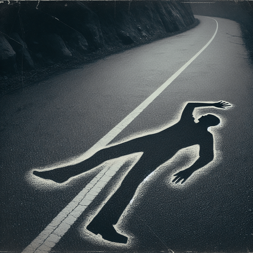 border of a silouete of a victim in white chalk on a road, arm up.
video game style