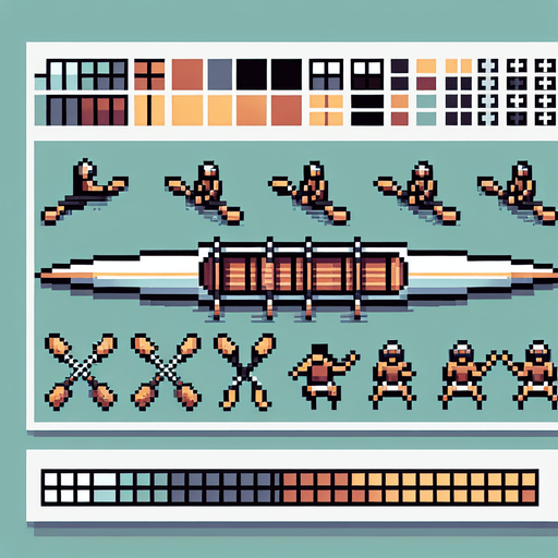 sprite sheet for a rowing olympic boat. the boats needs to be arranged organized for easy cropping. bird-view perspective. pixelated. 8-bit.
Single Game Texture. In-Game asset. 2d. Blank background. High contrast. No shadows.