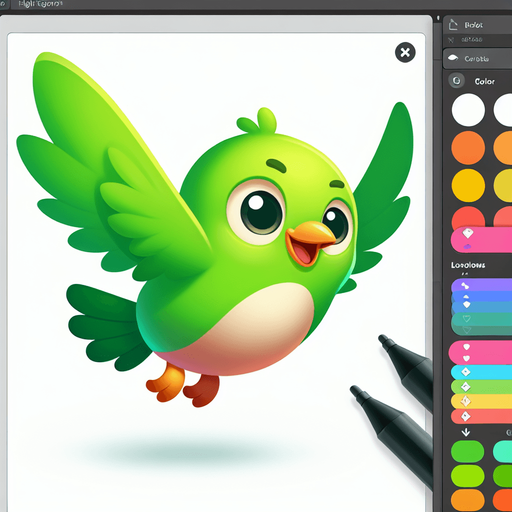 A happy little green bird flying..
Single Game Texture. In-Game asset. 2d. Blank background. High contrast. No shadows.