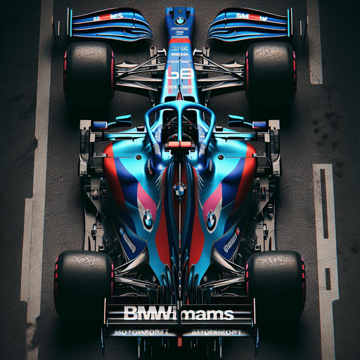 F1 BMW race car with "BMW Motorsport" livery, deep blue "Williams" rear wing, dark blue front wing. Top view..