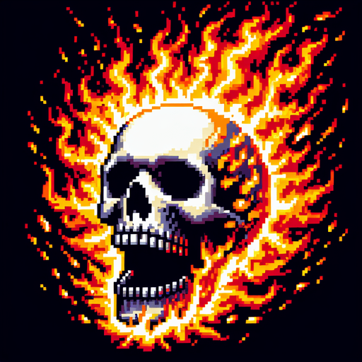 Screaming skull on fire.
In-Game asset. 2d. Blank background. No Shadows. 8-bit art.
