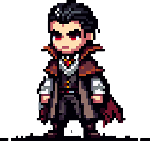 vampire hunter pixel art
Single Game Texture. In-Game asset. 2d. Blank background. High contrast. No shadows.