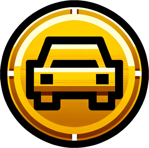 a gold coin with a car one it, simple graphics.
Single Game Texture. In-Game asset. 2d. Blank background. High contrast. No shadows.