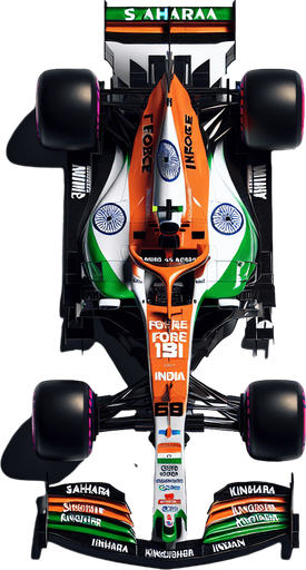 F1 Force-India race car. India flag on body. SAHARA  and KINGFISHER Sponsors
 Top view..
Single Game Texture. In-Game asset. 2d. Blank background. High contrast. No shadows.