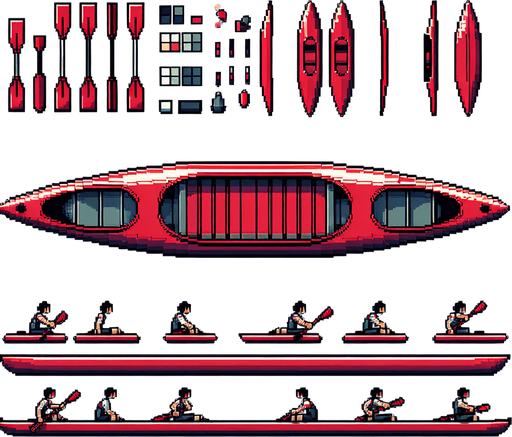 sprite sheet for an olympic red large width canoe. bird-eye view. pixelated..
Single Game Texture. In-Game asset. 2d. Blank background. High contrast. No shadows.