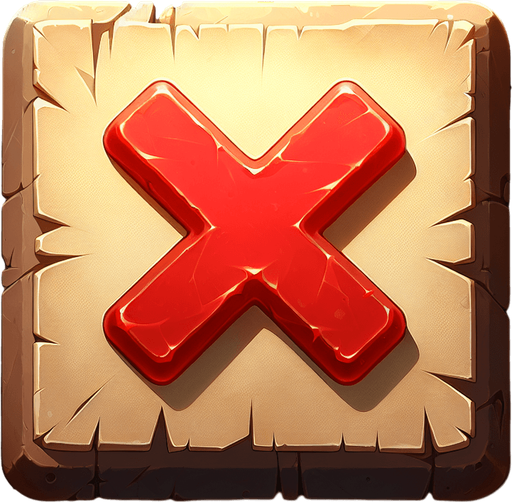 Big red X, written in wax, square button on Parchment
Single Game Texture.  In-Game asset.  2d.  Blank background.  High contrast.  No shadows